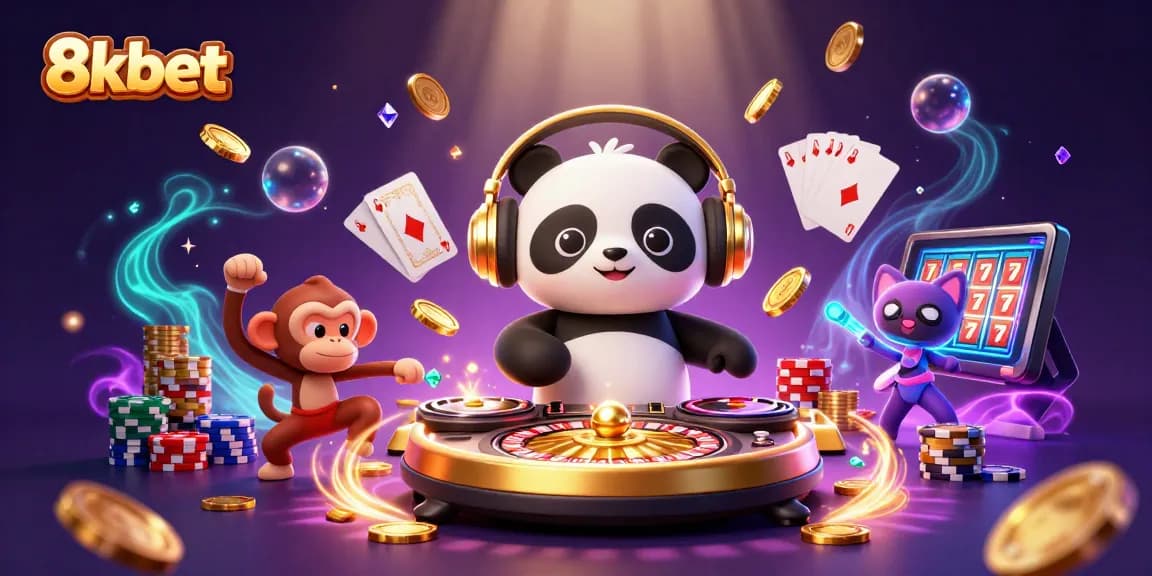 Experience thrilling entertainment at 8xbet with DJ panda and vibrant game elements in a dynamic casino scene.
