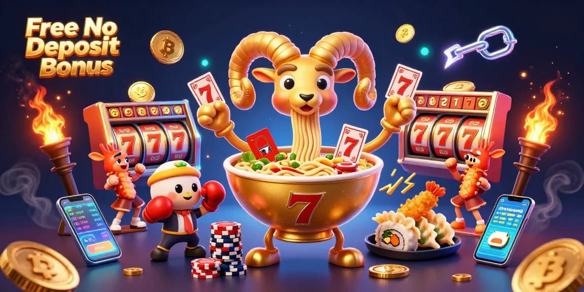 Experience the excitement of the Free No Deposit Bonus in a captivating 3D casino illustration featuring vibrant characters and crypto elements.