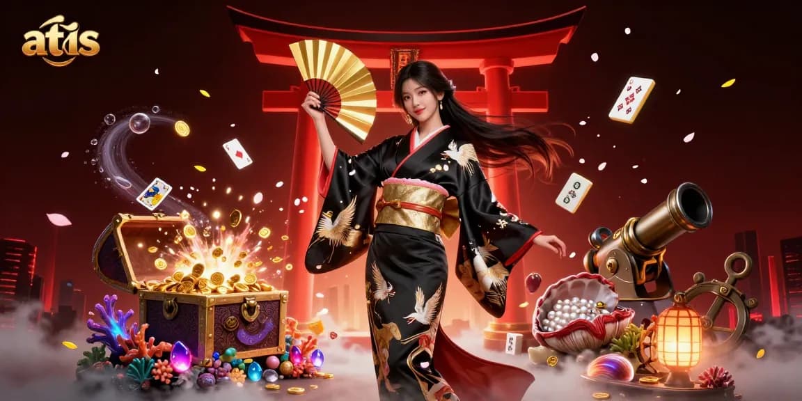 Experience excitement with atas as an elegant Asian woman celebrates with golden treasures and vibrant gaming elements.