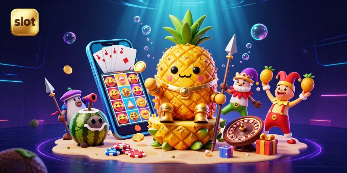 Menggenggam kemenangan di slot GACOR123, ilustrasi 3D raja nanas emas dan elemen kasino dengan efek gemerlap.