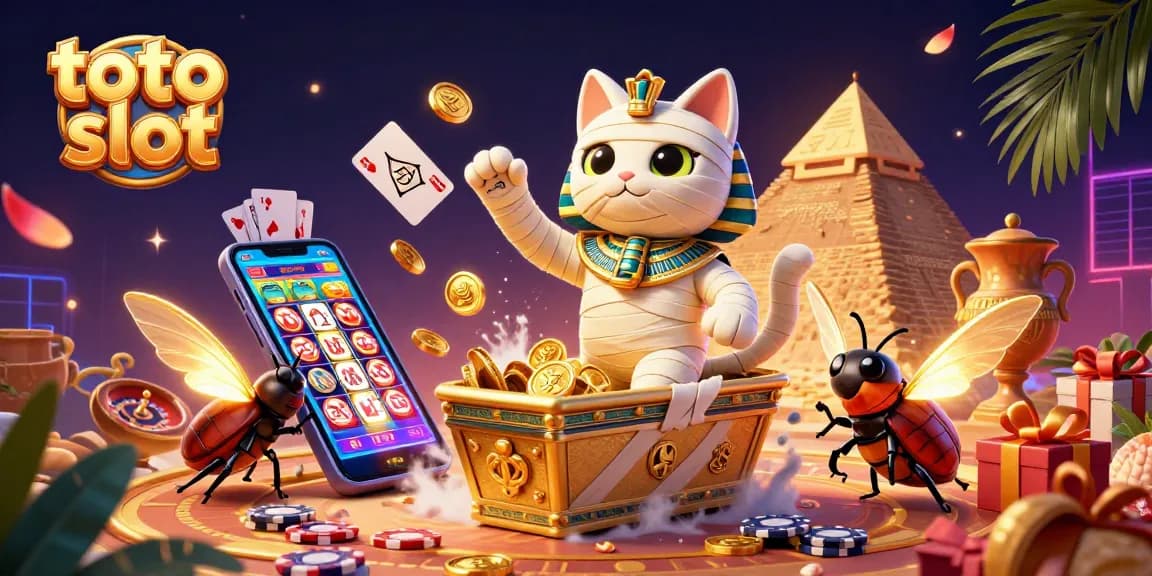 Engage in exciting toto slot adventures with a vibrant casino illustration featuring a mummy cat and golden elements.