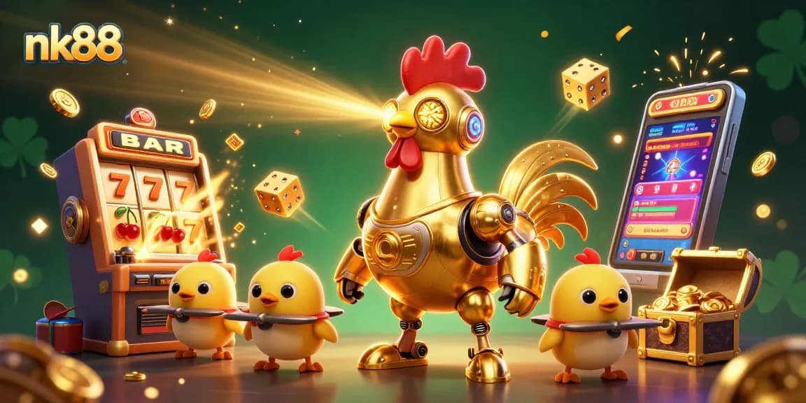 nk88 presents a vibrant scene with a golden rooster robot and baby chick drones amid a jackpot explosion.