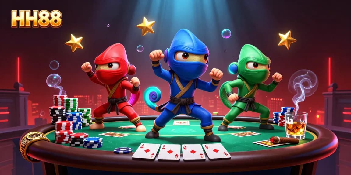Experience high-stakes gameplay with HH88's vibrant poker scene featuring ninja chameleons.