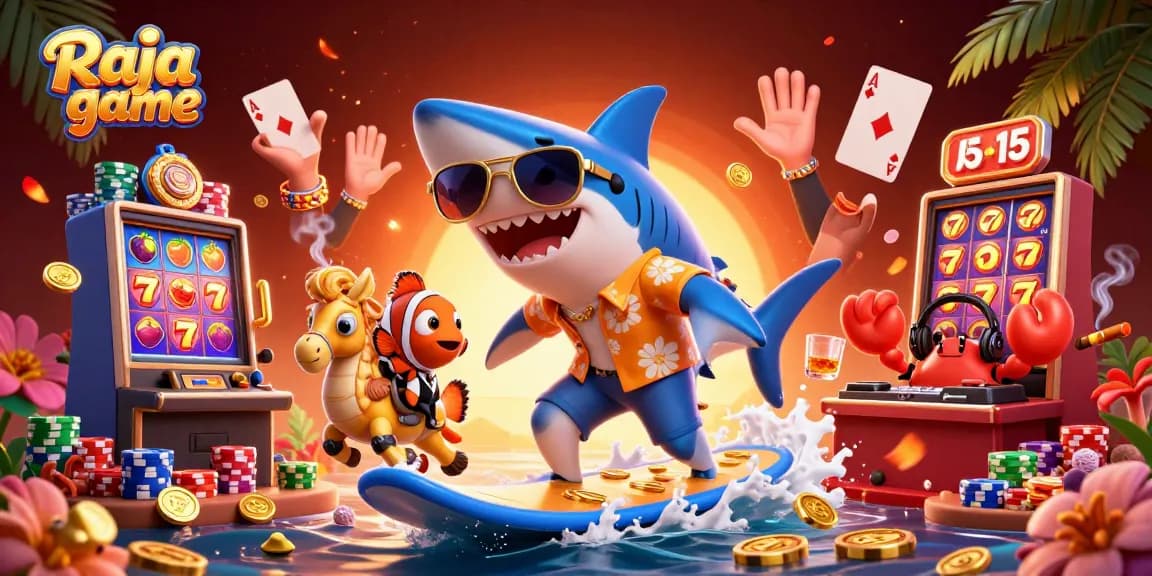 Experience the Raja game with a vibrant scene featuring a shark surfing on coins and slot elements.