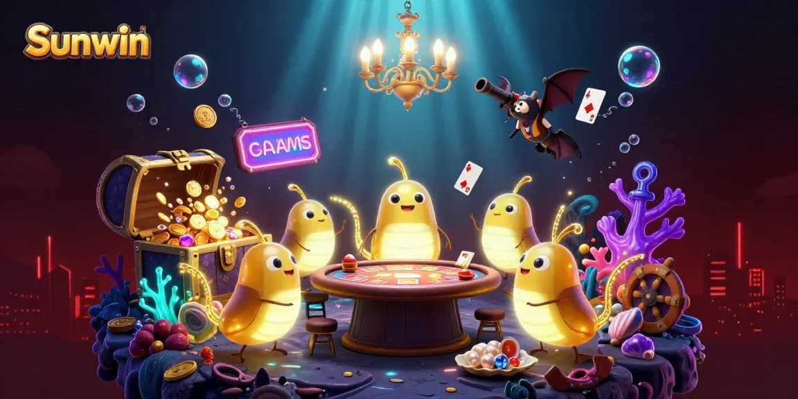 Sunwin gamblers enjoy vibrant underwater casino games in a glowworm-lit scene.