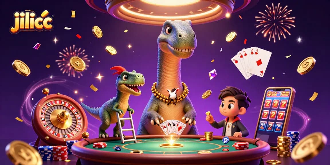 Experience the excitement of jilicc with a playful scene of a brontosaurus and raptor in a vibrant casino setting.