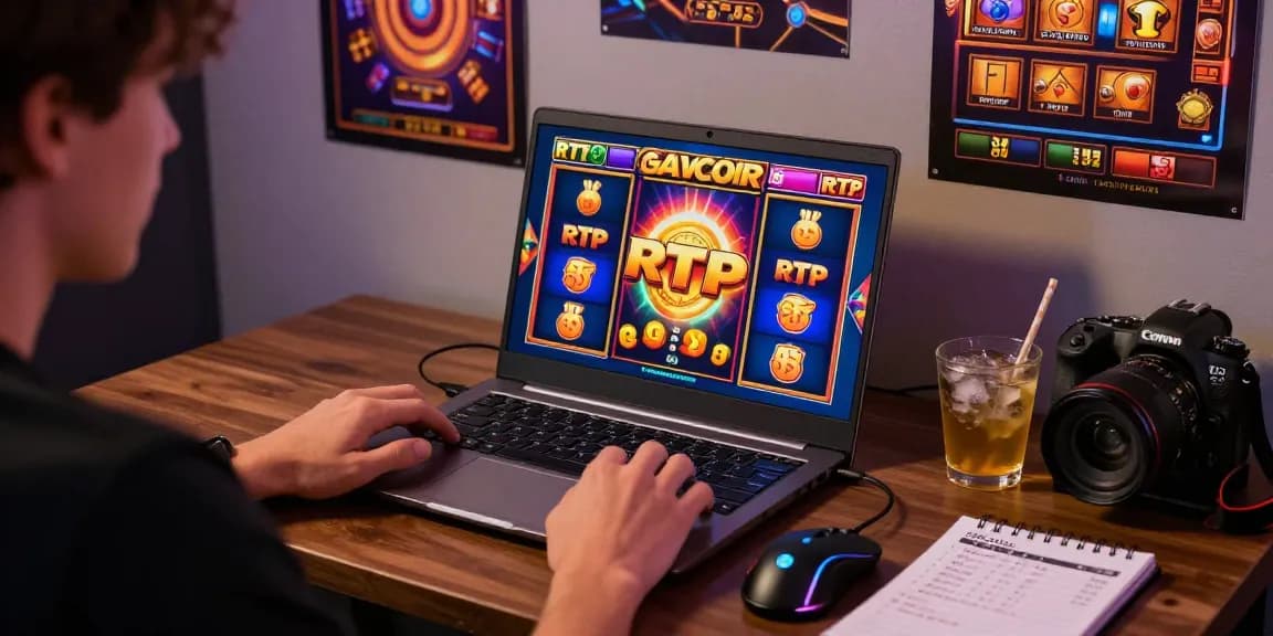 Pemain terlibat dalam permainan slot gacor online dengan laptop, menampilkan grafis menarik dan suasana yang ramai.