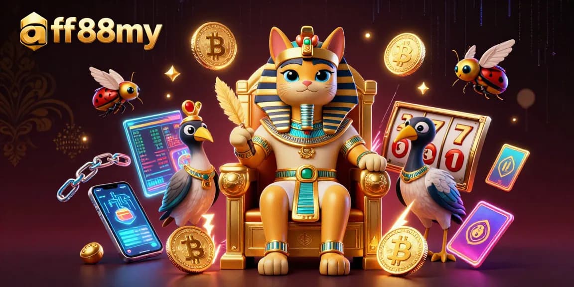 Engage with afb88my’s vibrant casino scene featuring an Egyptian pharaoh cat amidst captivating game elements.