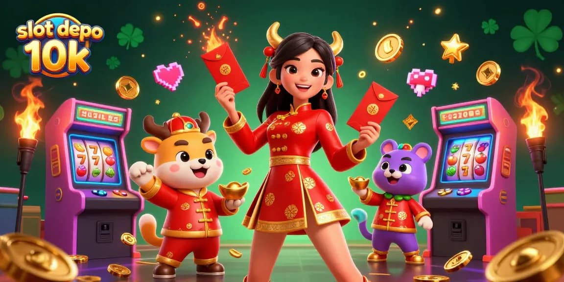 Experience thrilling wins with slot depo 10k in this festive 3D illustration showcasing vibrant casino elements.