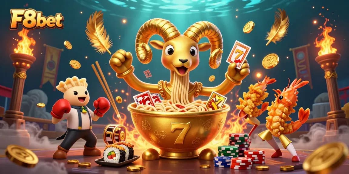 F8bet's vibrant online casino action scene featuring dynamic characters, slot elements, and energy.