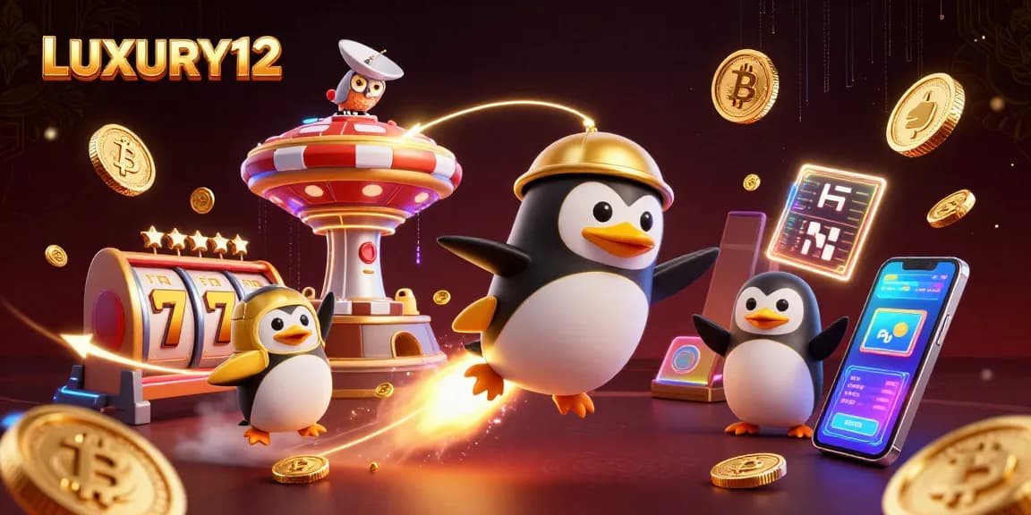 LUXURY12 offers thrilling slot experiences with a golden penguin soaring towards casino jackpots in a vibrant cosmic setting.