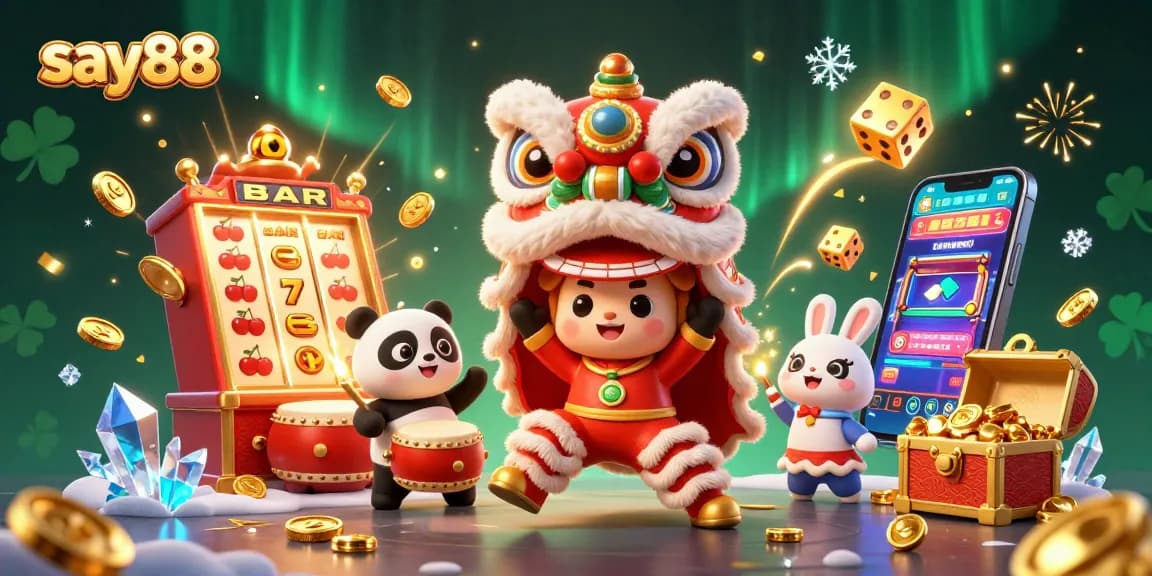 Spin the reels at say88 with vibrant slot machines and entertaining characters in a festive casino scene.