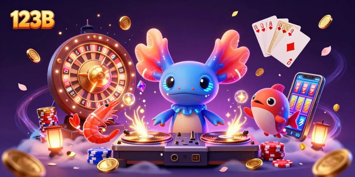 Play exciting 123B casino games with vibrant visuals featuring a DJ axolotl and colorful shrimp.