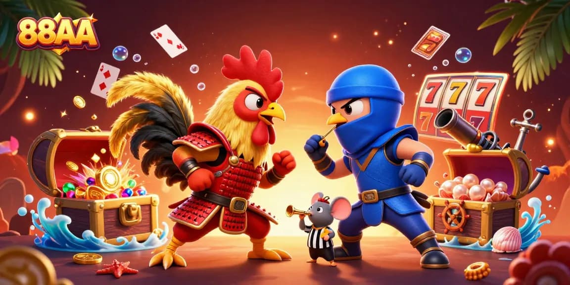 Engage with thrilling gameplay at 88AA, featuring intense rooster battles and slot elements.