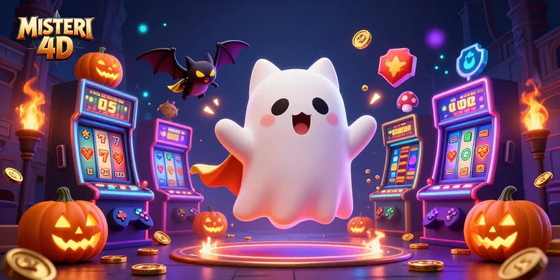 MISTERI 4D showcases an engaging slot gaming scene with a friendly ghost cat and vibrant game elements.