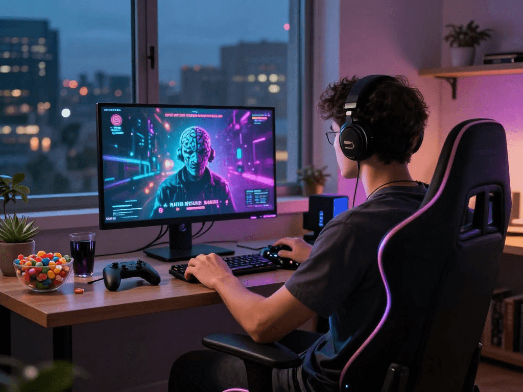 Engaging player immersed in mind control porn gaming experience at home.