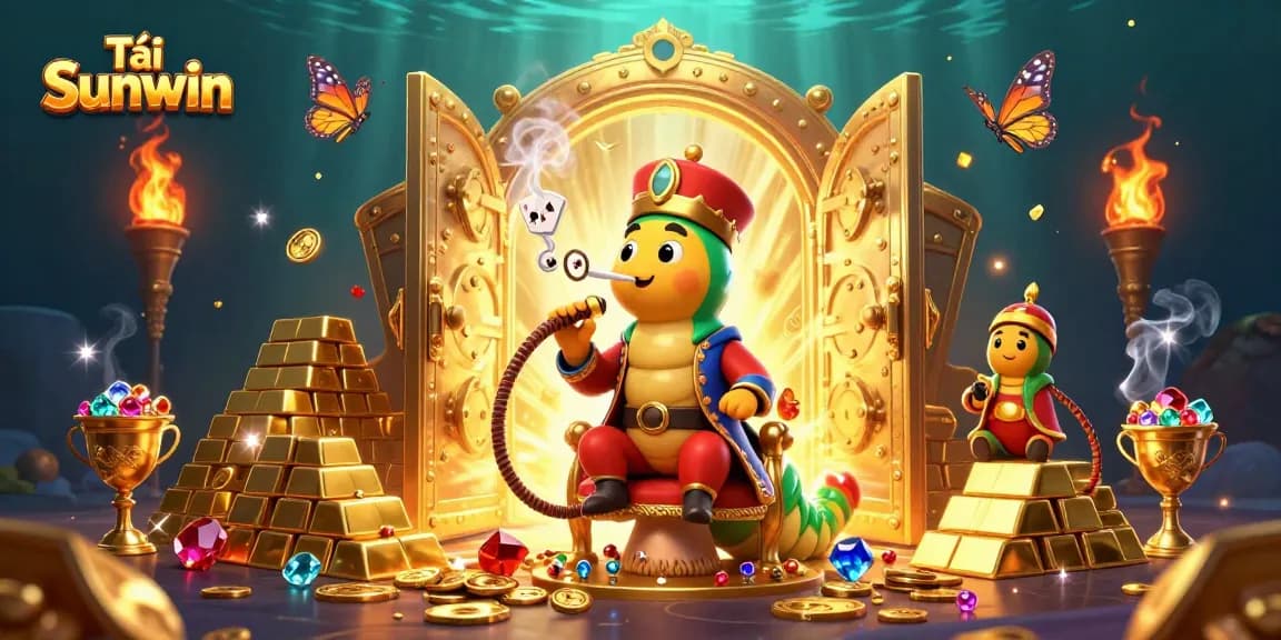 Tải Sunwin for online games with vibrant casino-themed illustration, featuring golden treasures and game elements.