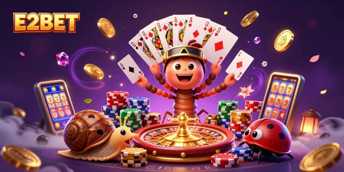 E2BET delivers thrilling excitement with a vibrant scene featuring a millipede dealer and colorful casino elements.