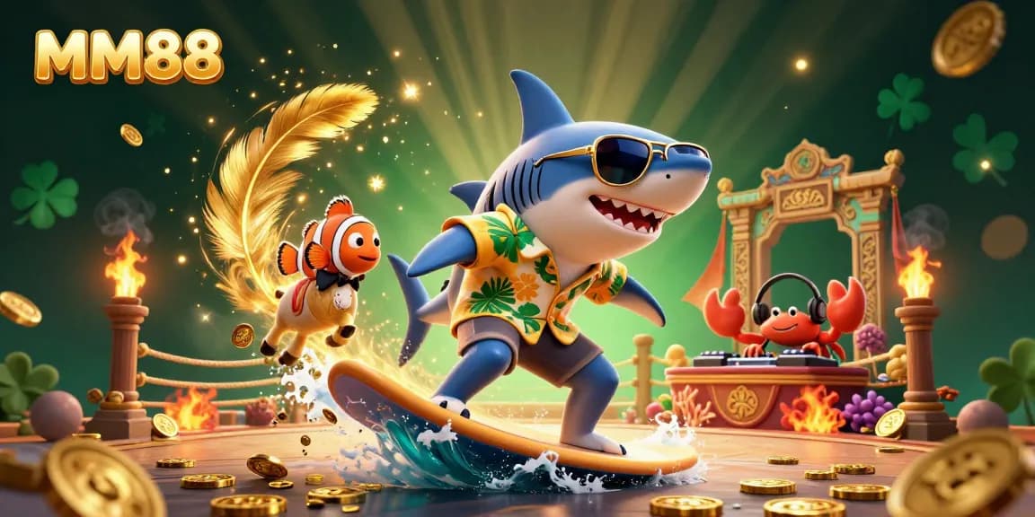 Experience exhilarating games with MM88 as the hammer-head shark surfs on gold coins.