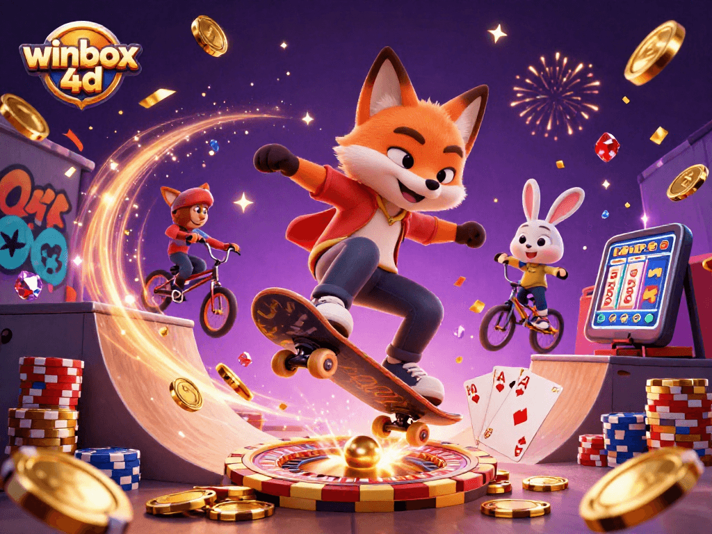 Engage with winbox 4d as a skateboarder fox does tricks over poker chips in a vibrant casino scene.