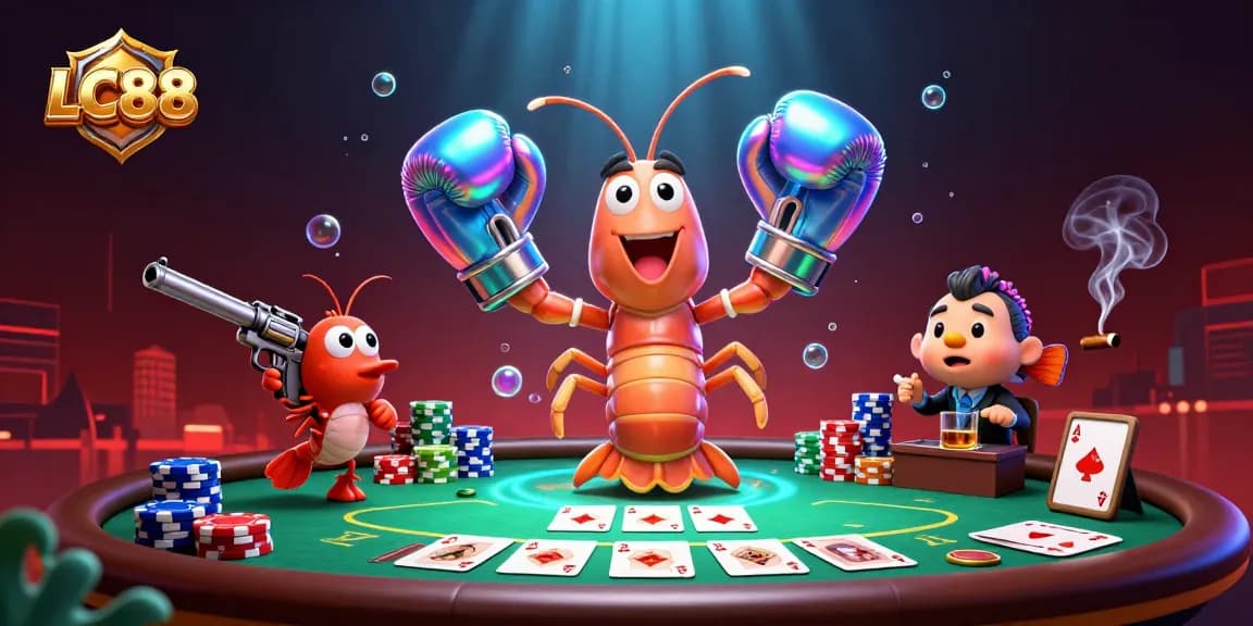 Engage in thrilling poker action at LC88 with vibrant shrimp characters amidst dynamic casino elements.