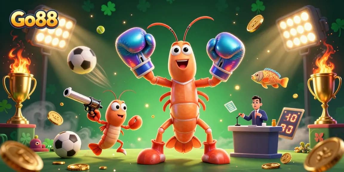 Engage with Go88’s exhilarating gaming experience featuring dynamic shrimp characters and vibrant casino elements.