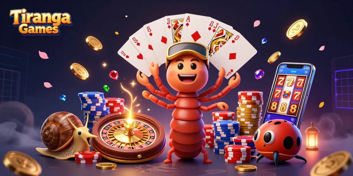 Tiranga Games features vibrant 3D scene of a millipede dealer, sparkling gems, and roulette wheel