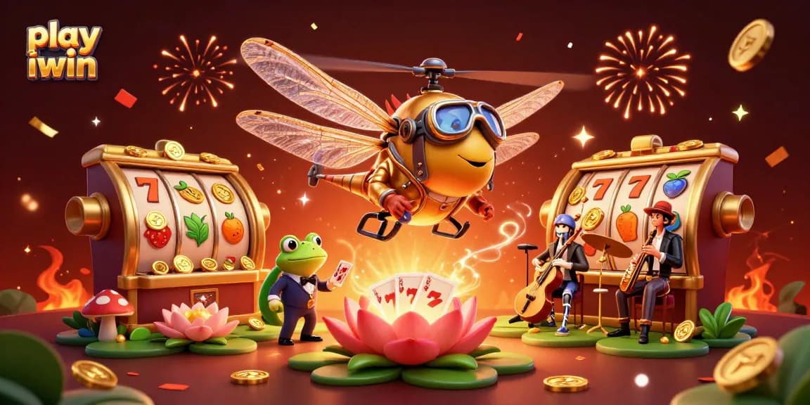 Play iwin with a vibrant, engaging casino-themed illustration featuring lively characters and festive elements.