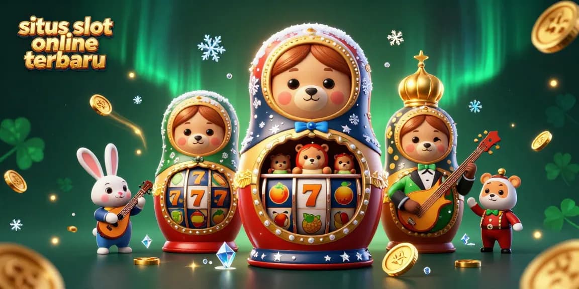 Situs slot online terbaru featuring a dynamic 3D cartoon scene with Matryoshka bears and casino elements.
