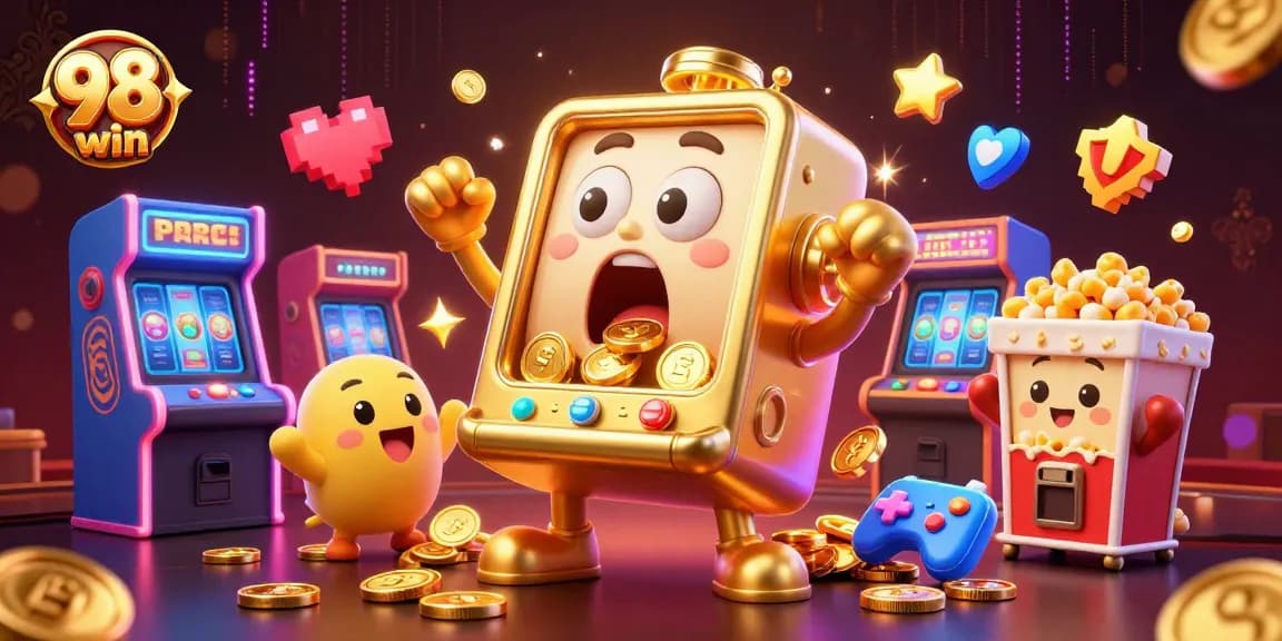 Experience the excitement of 98 win with a golden slot machine hitting a jackpot and colorful game elements.