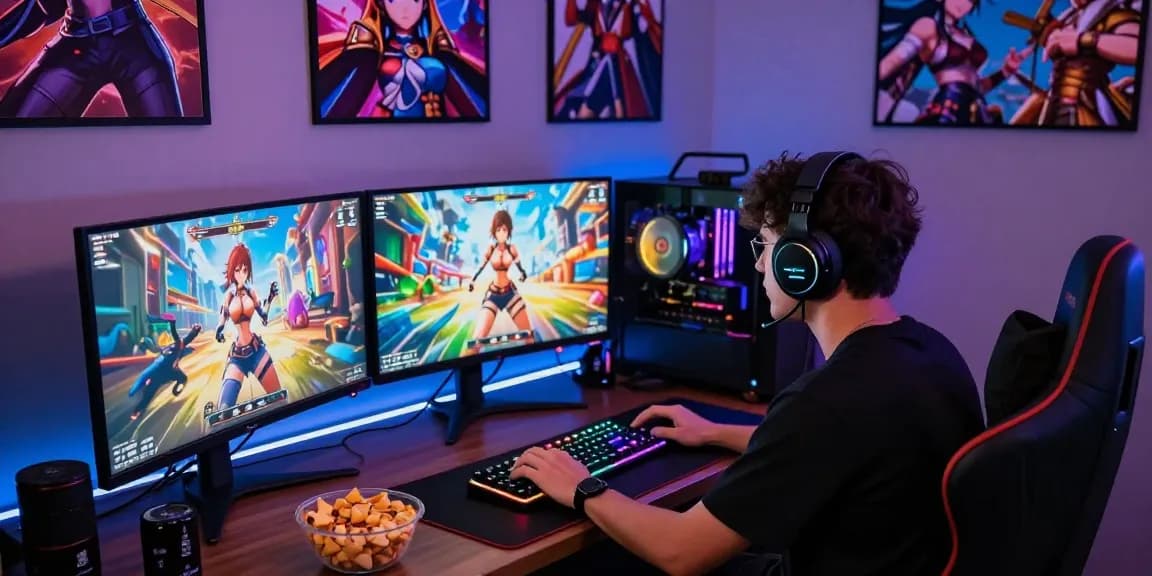 Engaged gamer playing popular hentai games on multiple screens, surrounded by gaming peripherals in an immersive atmosphere.