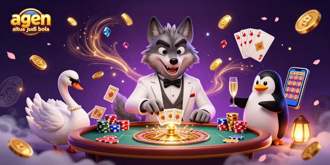Engaging scene with agen situs judi bola theme, featuring a debonair wolf, swan dealer, and penguin sommelier at a vibrant casino.