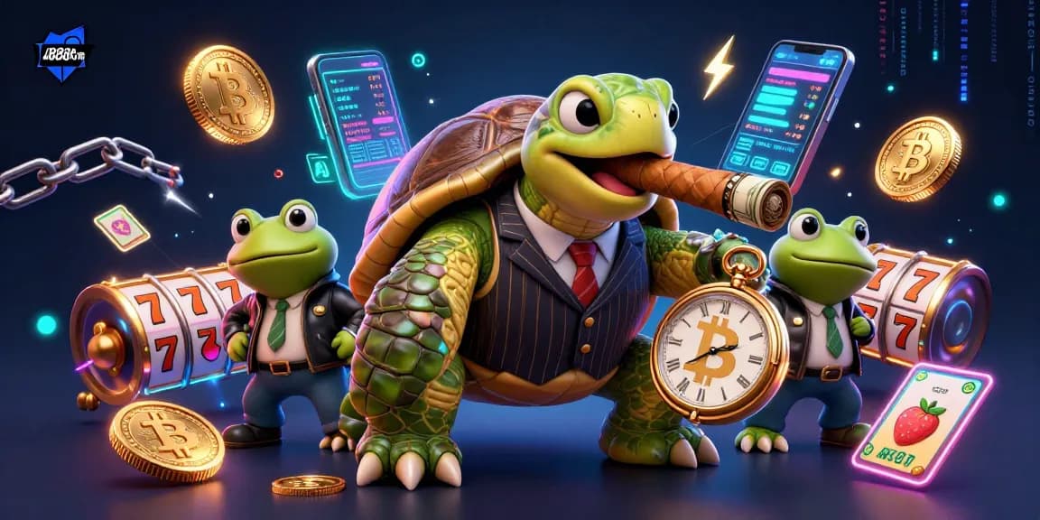 Engage with u888com's vibrant casino scene featuring a turtle mobster and bullfrogs amidst glowing slot reels.