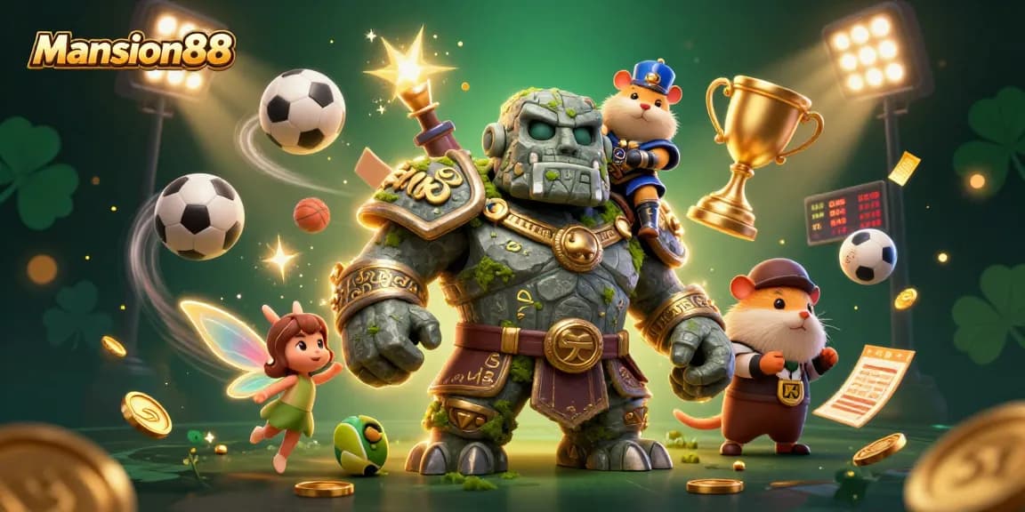 Mansion88 menghadirkan ilustrasi kasino yang menampilkan golem penjaga dan elemen taruhan olahraga yang dinamis.