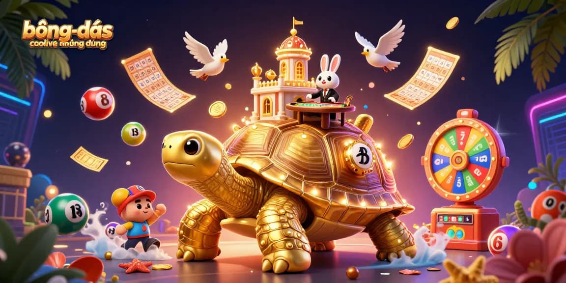 bóngđásocoliveứngdụng unveils a vibrant scene with a golden tortoise and lively gambling elements.