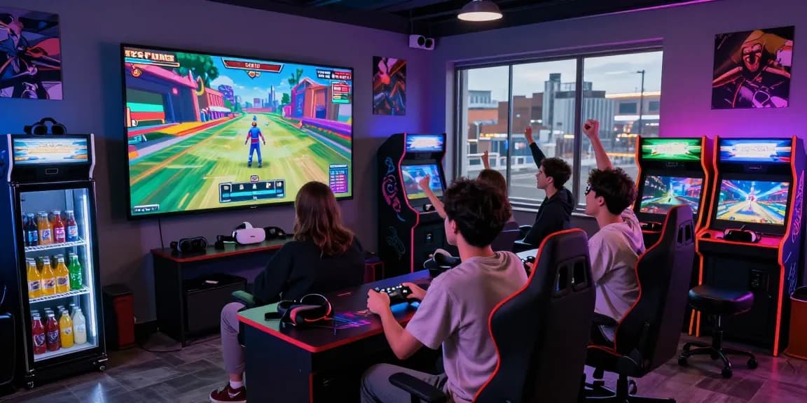 Suasana gaming 4D yang seru dengan teman-teman bermain terjun4d di ruang yang penuh warna dan lampu LED.