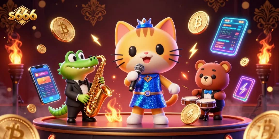 Experience high-stakes fun at s666 with a lively casino scene featuring colorful characters and crypto elements.