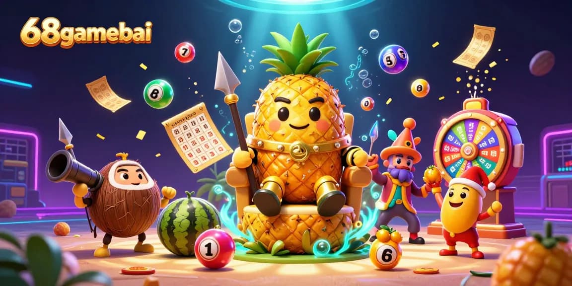 Experience the vibrant world of 68gamebai with a golden pineapple king and dynamic gambling elements.