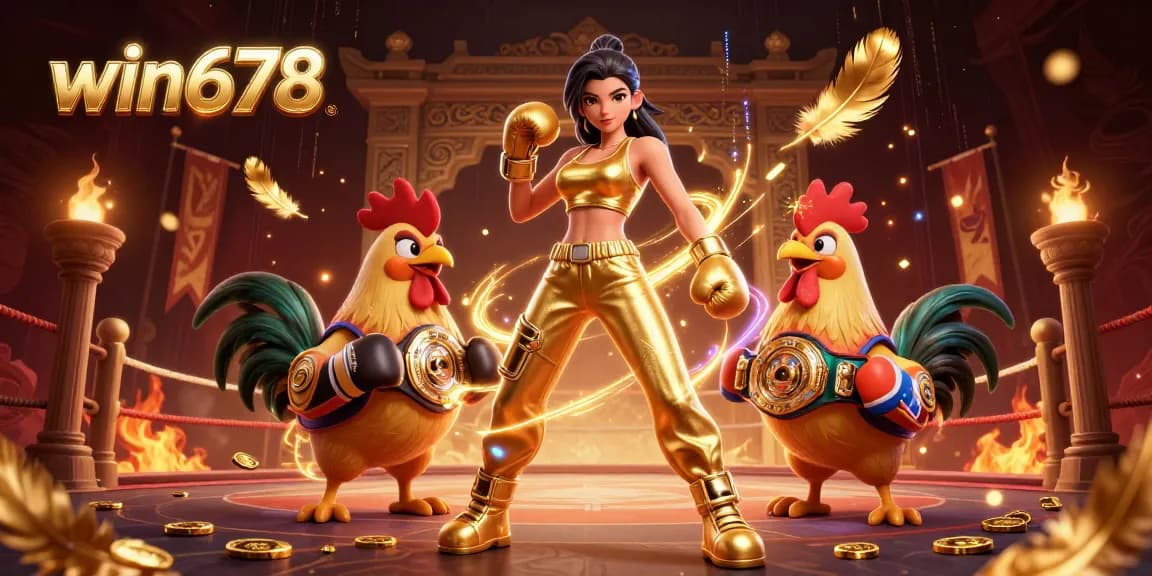 Experience the thrill at win678 with a powerful woman and championship rooster in a dynamic casino setting.