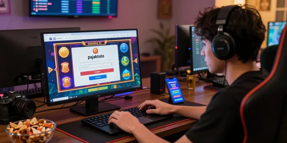 Engaging scene of a user using pajaktoto login on a laptop in a cozy gaming room, surrounded by vibrant slot game graphics.