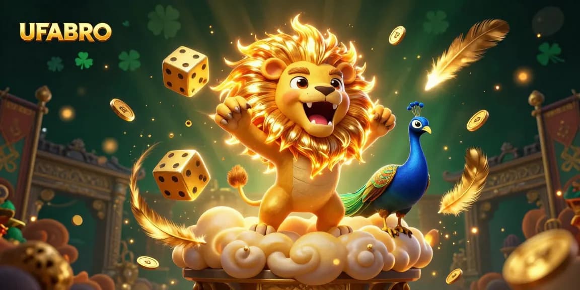 Experience thrill and winning with UFABRO's dynamic online gaming scene featuring a roaring lion and golden dice.