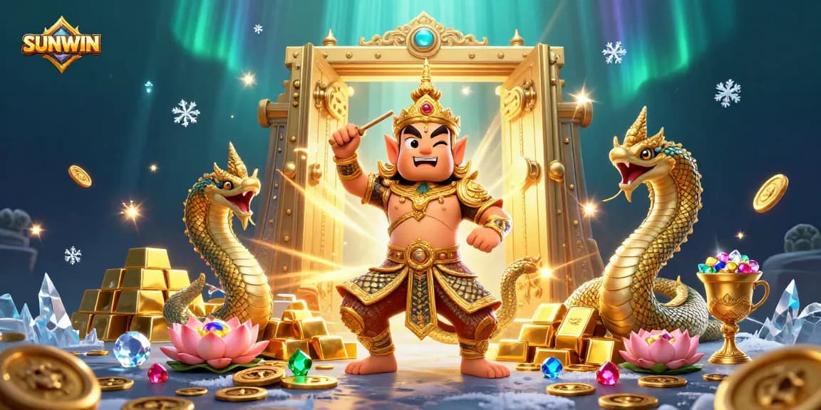 SUNWIN captivates players with a vibrant 3D illustration featuring a temple guardian, Naga serpents, and treasure galore.