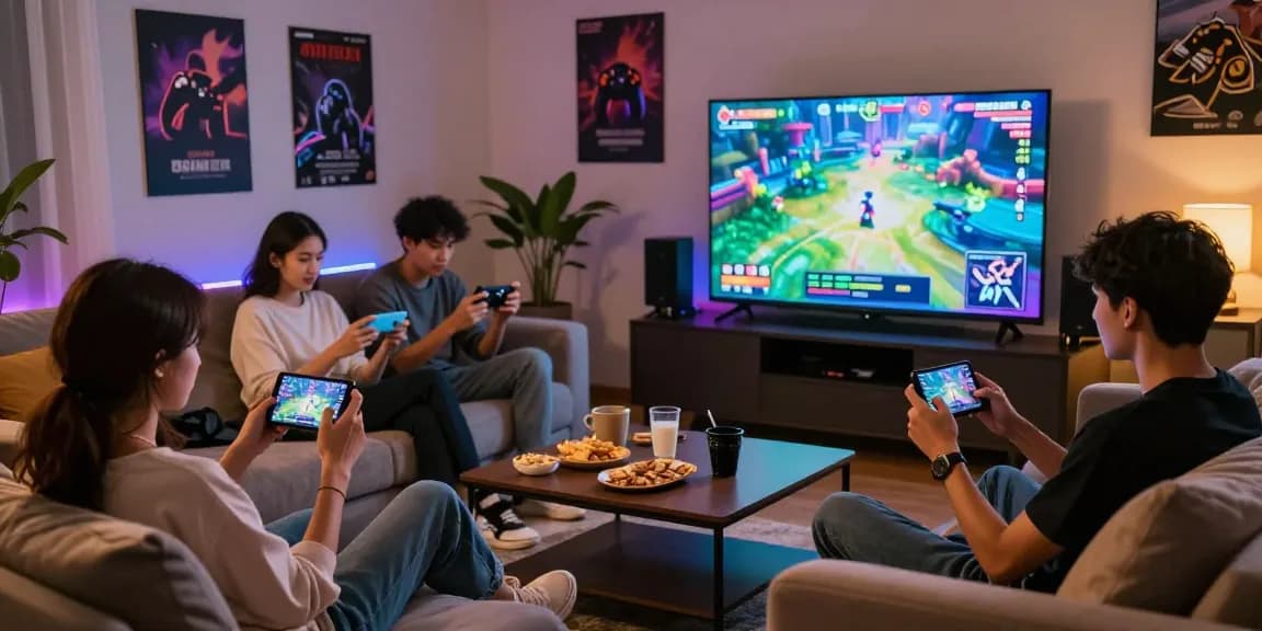 Group enjoying h555-game on mobile devices in inviting living room setting