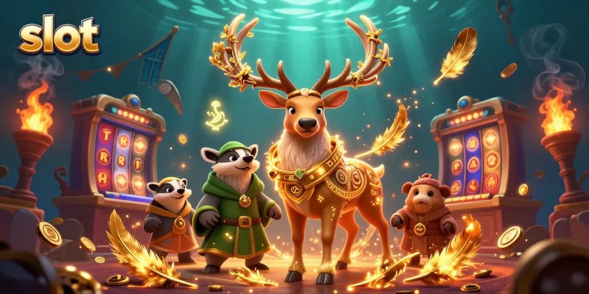 Engaging slot game scene featuring a Celtic druid stag, wise badger, and vibrant casino elements.
