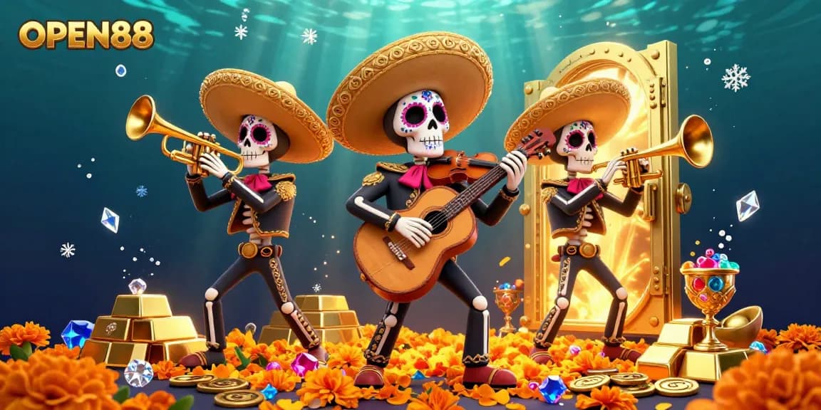 Experience the thrill of OPEN88 with vibrant mariachi band amidst jewels and treasures.