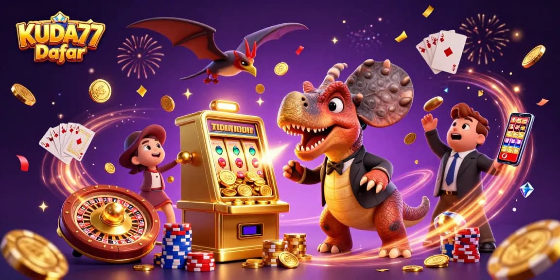 Permainan slot KUDA77 Daftar memperlihatkan dino 3D menang jackpot dengan koin emas berterbangan.