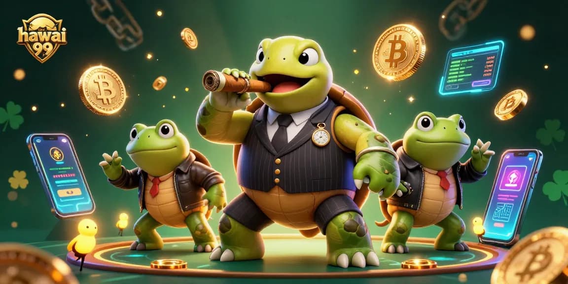Experience excitement at hawai 99 with a vibrant casino-themed 3D illustration featuring unique characters and crypto elements.