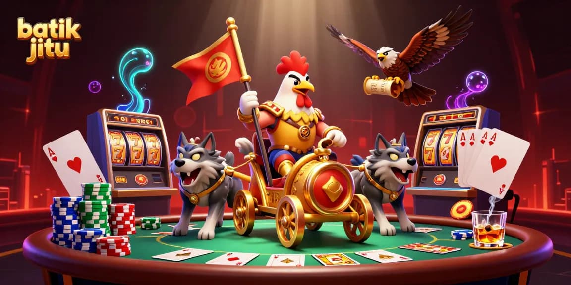Batik jitu menghadirkan suasana kasino dengan ayam perang dan elemen permainan poker yang megah.