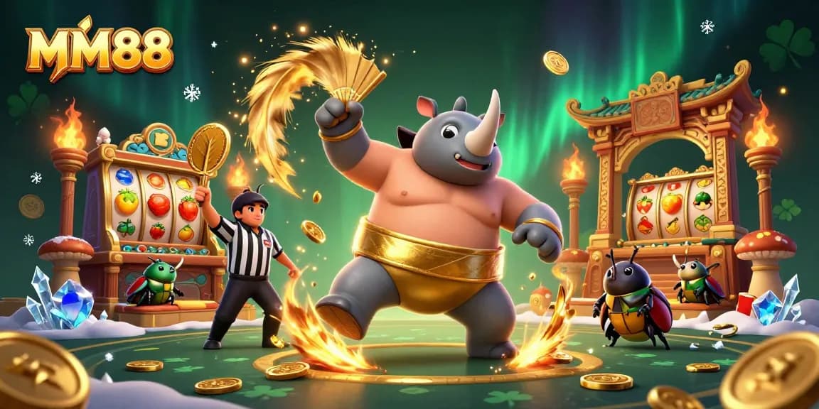 MM88 online casino illustration featuring a cartoon beetle champion stomping gold coins amidst slot elements.