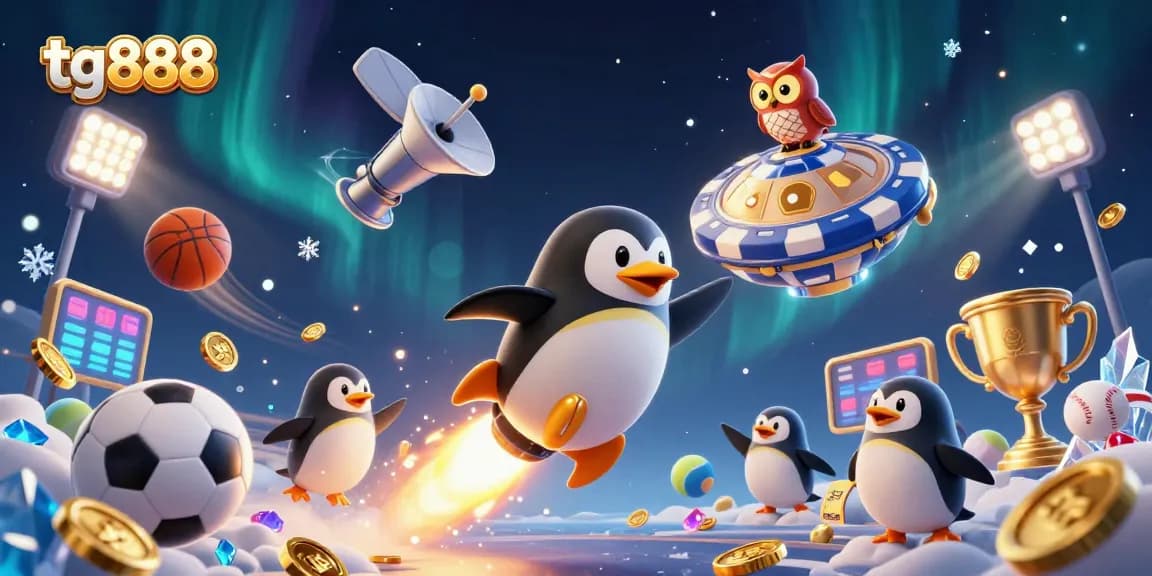 Bet on tg888 with a dynamic casino scene featuring a golden penguin, poker chip station, and sports balls